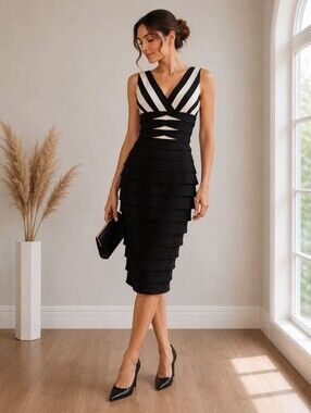 Adrianna Papell Striking Black and Cream Backless Dress